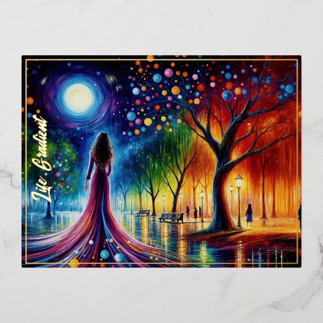 Magical night sky with glowing orbs lanterns art foil holiday postcard (Front)