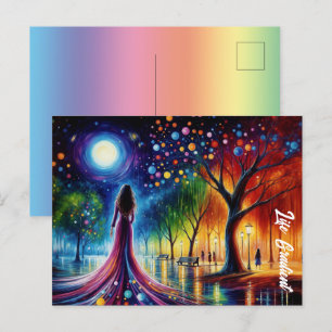 Magical night sky with glowing orbs lanterns art postcard