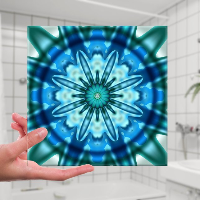 Magical Ocean Fractal Art Tile (Bathroom tile with a beautiful blue and teal geometrical abstract fractal design)