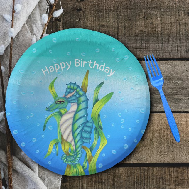 Magical Ocean Sea Dragon Horns Seaweed Blues Paper Plate (Magical ocean aqua blue sea dragon seaweed on water shades of blue with bubbles paper Birthday bowl.)