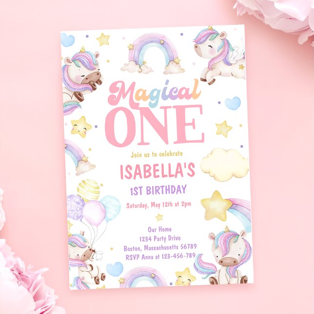 Magical One Rainbow Unicorn 1st Birthday Party Invitation (Creator Uploaded)