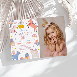 Magical One Unicorn 1st Birthday Party Photo Invitation