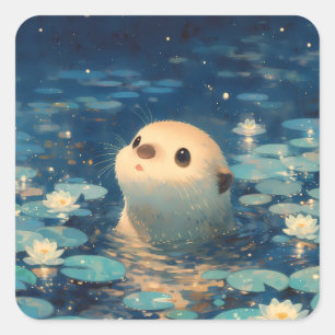 Magical Otter in Night Lotus Pond Square Sticker