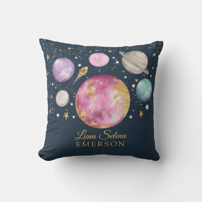 Magical Outer Space Galaxy Moon Stars Girl Nursery Cushion (Front)