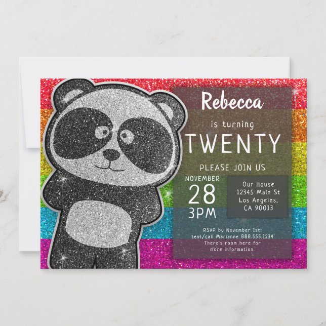 Magical Panda Birthday Black and White Glitter Invitation (Front)