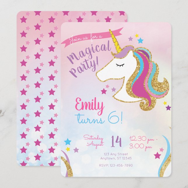 Magical Party Girls Glitter Unicorn Birthday Invitation (Front/Back)