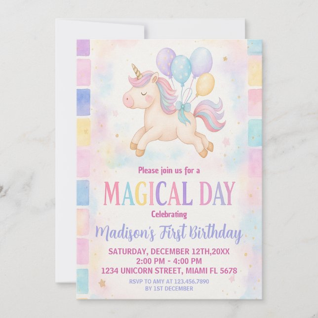 Magical Pastel Unicorn Birthday Invitation (Front)