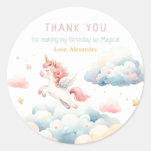 Magical Pastel Unicorn Birthday Party Classic Round Sticker (Front)