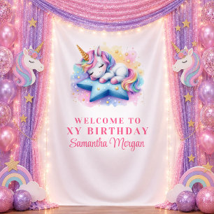 Magical Pastel Unicorn Girl Birthday Backdrop Tapestry