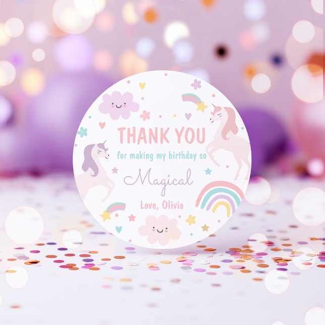 Magical Pastel Unicorn Rainbow Birthday Party Classic Round Sticker (Creator Uploaded)