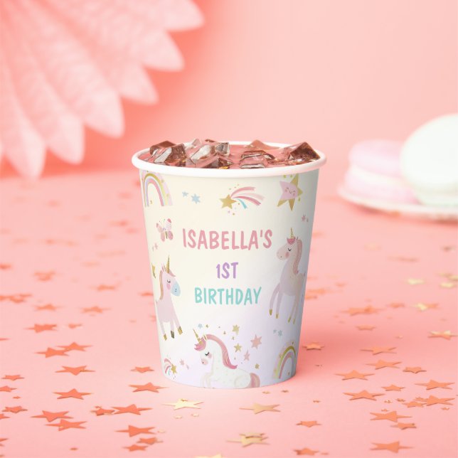 Magical Pastel Unicorn Rainbow Birthday Party Paper Cups (Insitu)