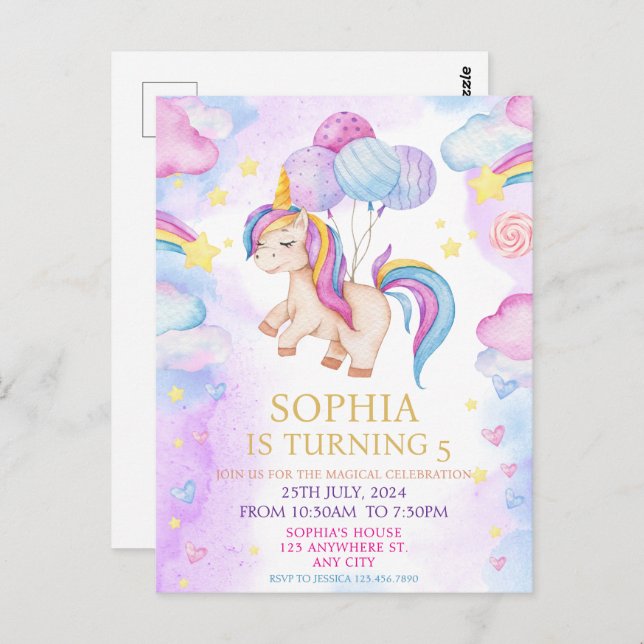 Magical Pastel Unicorn Rainbow Birthday Party Postcard (Front/Back)