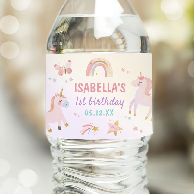 Magical Pastel Unicorn Rainbow Birthday Party Water Bottle Label (Creator Uploaded)