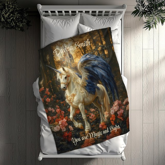 Magical Pegasus White Blue Fantasy Unicorn Fleece Blanket (Creator Uploaded)