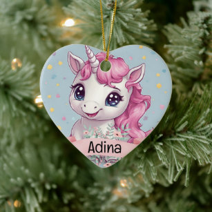 Magical Pink Baby Unicorn Stars Custom Name Ceramic Ornament