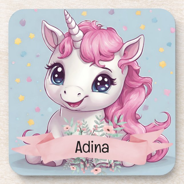 Magical Pink Baby Unicorn Stars Custom Name Coaster (Front)