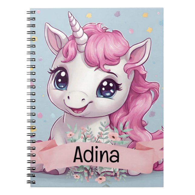 Magical Pink Baby Unicorn Stars Custom Name Notebook (Front)