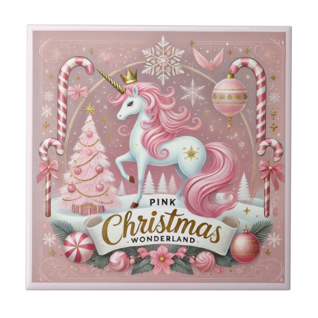 Magical Pink Christmas Wonderland Unicorn Ceramic Tile (Front)