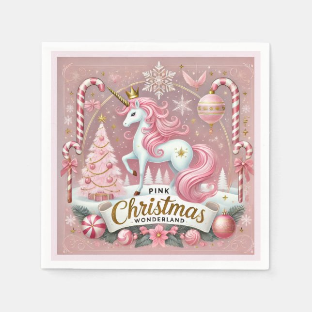 Magical Pink Christmas Wonderland Unicorn  Napkin (Front)