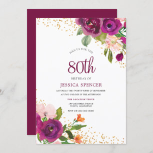 Magical Pink Floral 80th Birthday Invitation