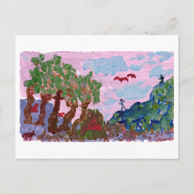 Magical pink landscape with figures postcard (Front)