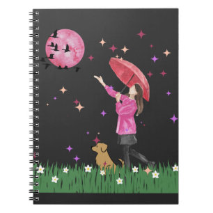 Magical Pink Moon & Dog Walk Watercolor Spiral  Notebook