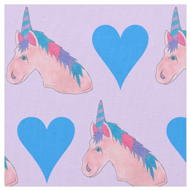 Magical Pink Purple Blue Heart Unicorn Fairytale Fabric (Close Up)
