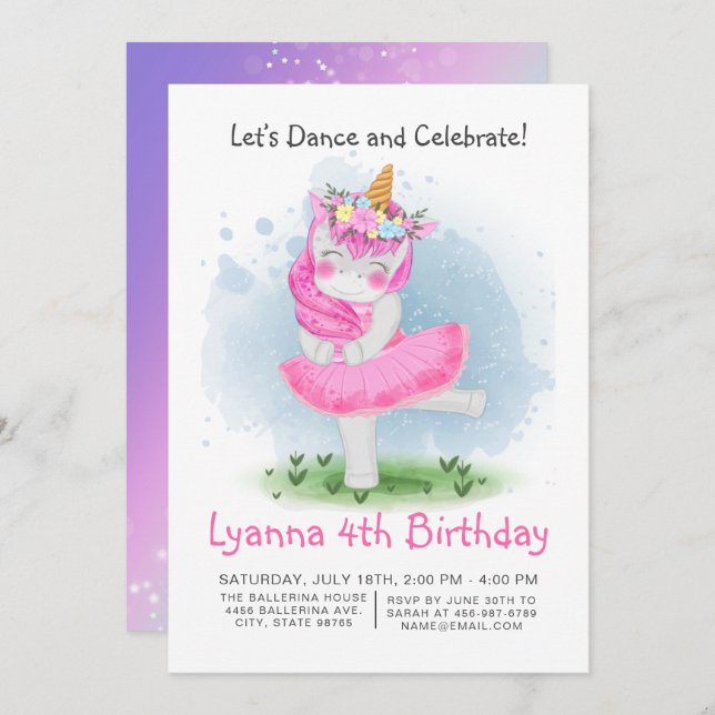 Magical Pink Tutu Dance Unicorn Birthday Invitation (Front/Back)