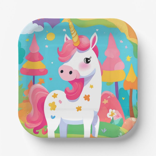 Magical Pink Unicorn Birthday Paper Plate (Front)