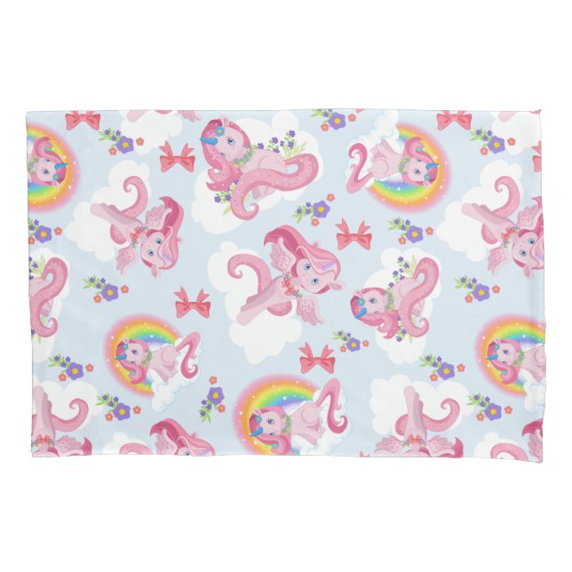 Magical Pink Unicorn Girly Rainbow Flower Pillowcase (Front)