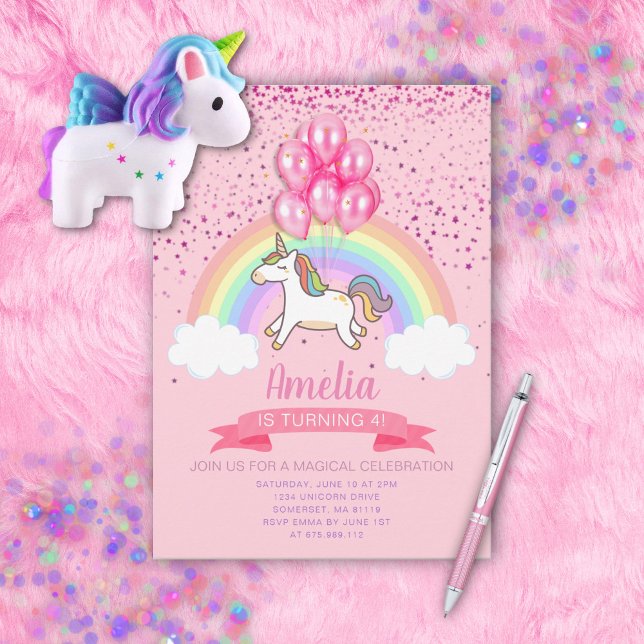 Magical Pink Unicorn Rainbow Birthday Invitation (Creator Uploaded)