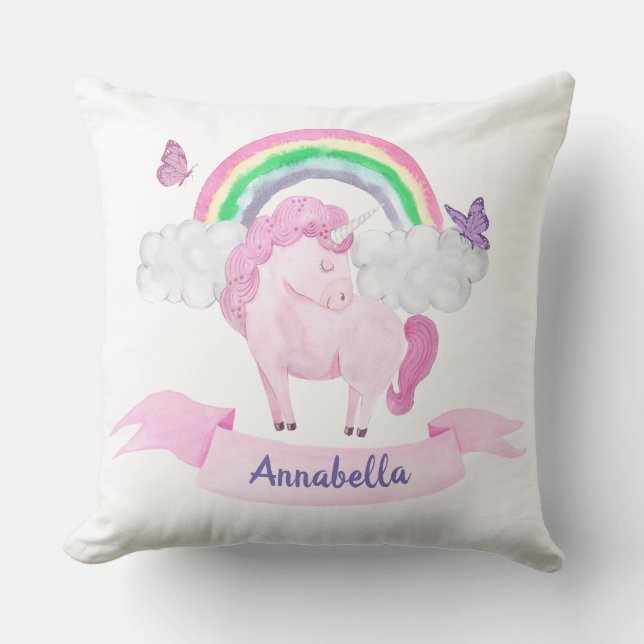Magical Pink Unicorn Rainbow Butterflies Cushion (Front)