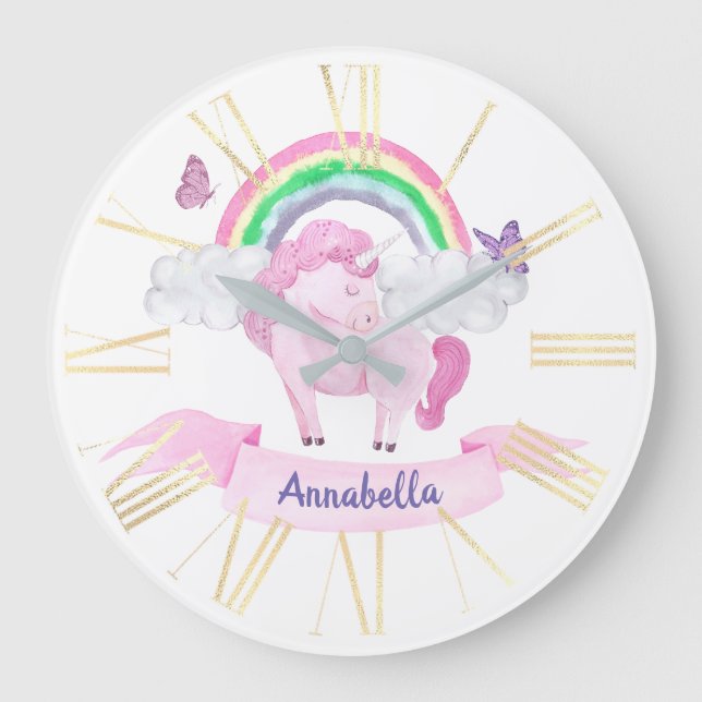 Magical Pink Unicorn Rainbow Butterflies Large Clock (Front)