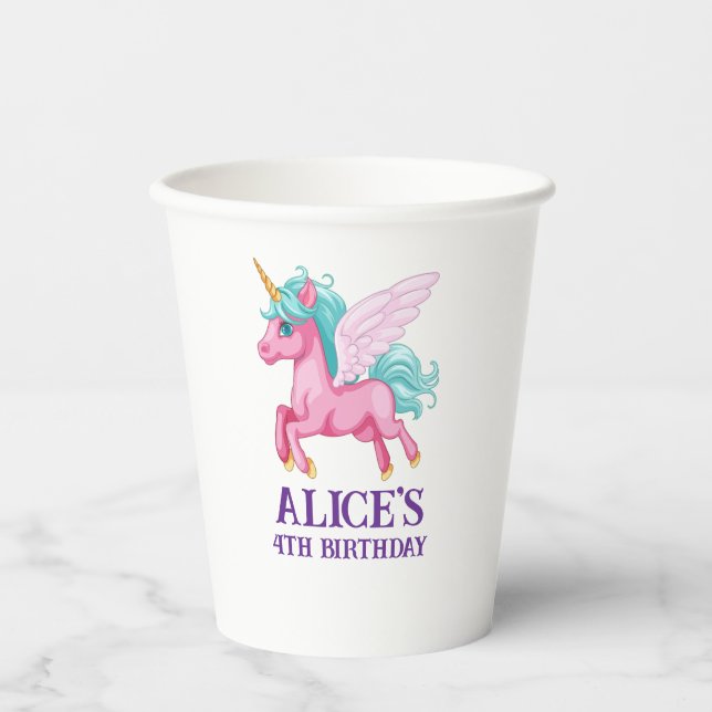 Magical Pink Unicorn Rainbow Kids Birthday Paper Cups (Front)