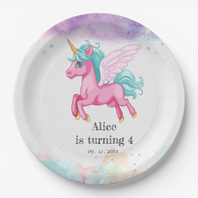 Magical Pink Unicorn Rainbow Kids Birthday Party Paper Plate (Front)