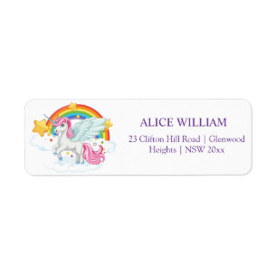 Magical Pink Unicorn Rainbow Kids Birthday Return Address Label