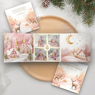 Magical Pink Winter Wonderland 4 Photo Christmas Tri-Fold Holiday Card