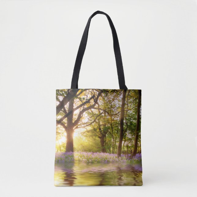 Magical pond in bluebell forest tote bag (Front)