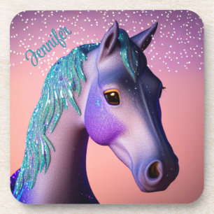 Magical Pony in Purple and Teal with Custom Name Coaster
