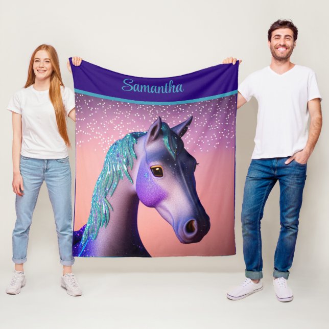Magical Pony in Purple and Teal with Custom Name   Fleece Blanket (In Situ)