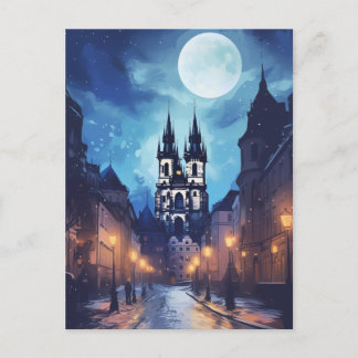 Magical Prague Night Street - Full Moon European Holiday Postcard