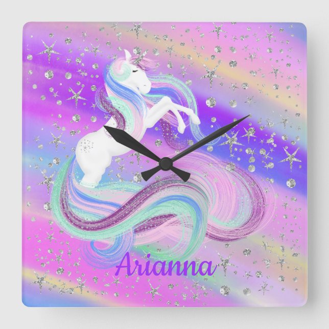 Magical Pretty Unicorn Silver Stars Square Wall Clock (Front)