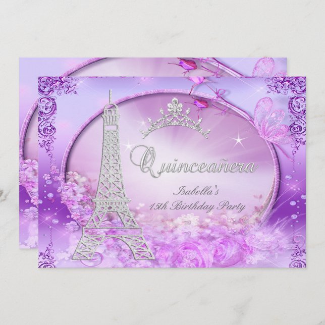 Magical Princess Quinceanera Purple Pink Tiara Invitation (Front/Back)