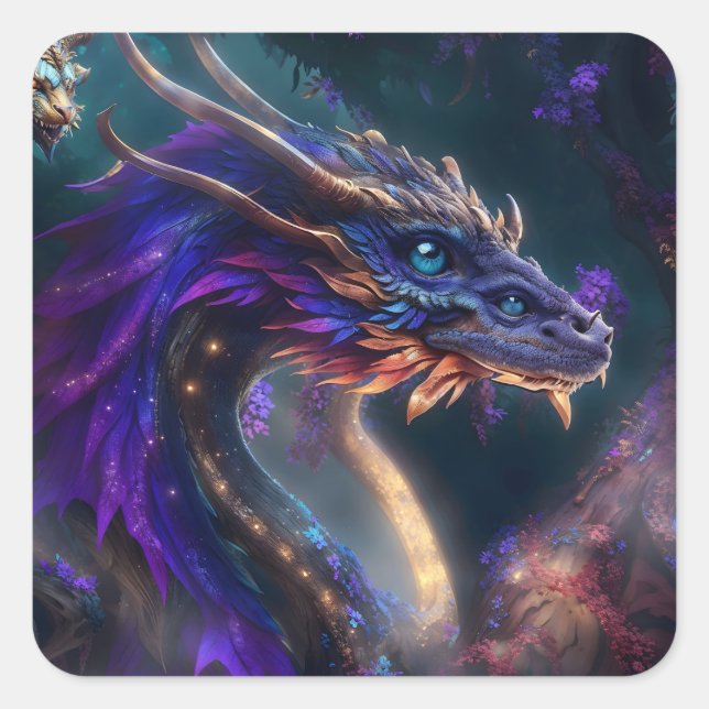 Magical purple dragon square sticker (Front)