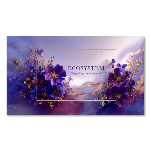 Magical Purple Floral Gold Sparkle Abstract Magnetic Business Card (Front)