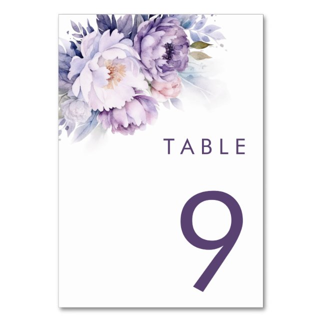 Magical Purple Florals Winter Wedding Table Number (Front)