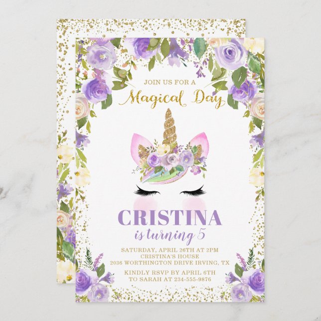 Magical Purple Gold Unicorn Floral Birthday Invite (Front/Back)