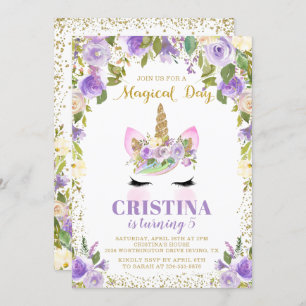 Magical Purple Gold Unicorn Floral Birthday Invite