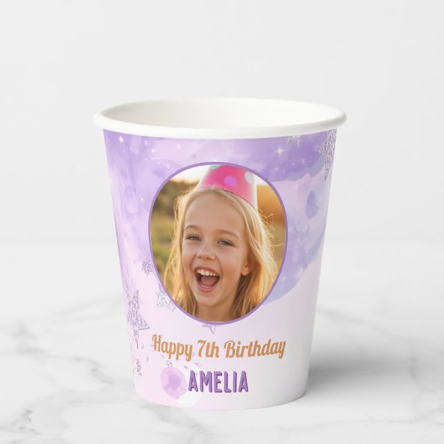 Magical Purple Photo Birthday Party  Paper Cups (Front)