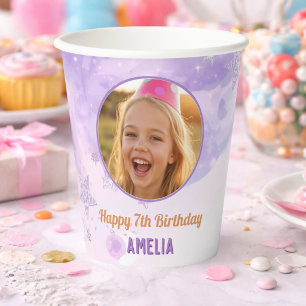 Magical Purple Photo Birthday Party Paper Cups
